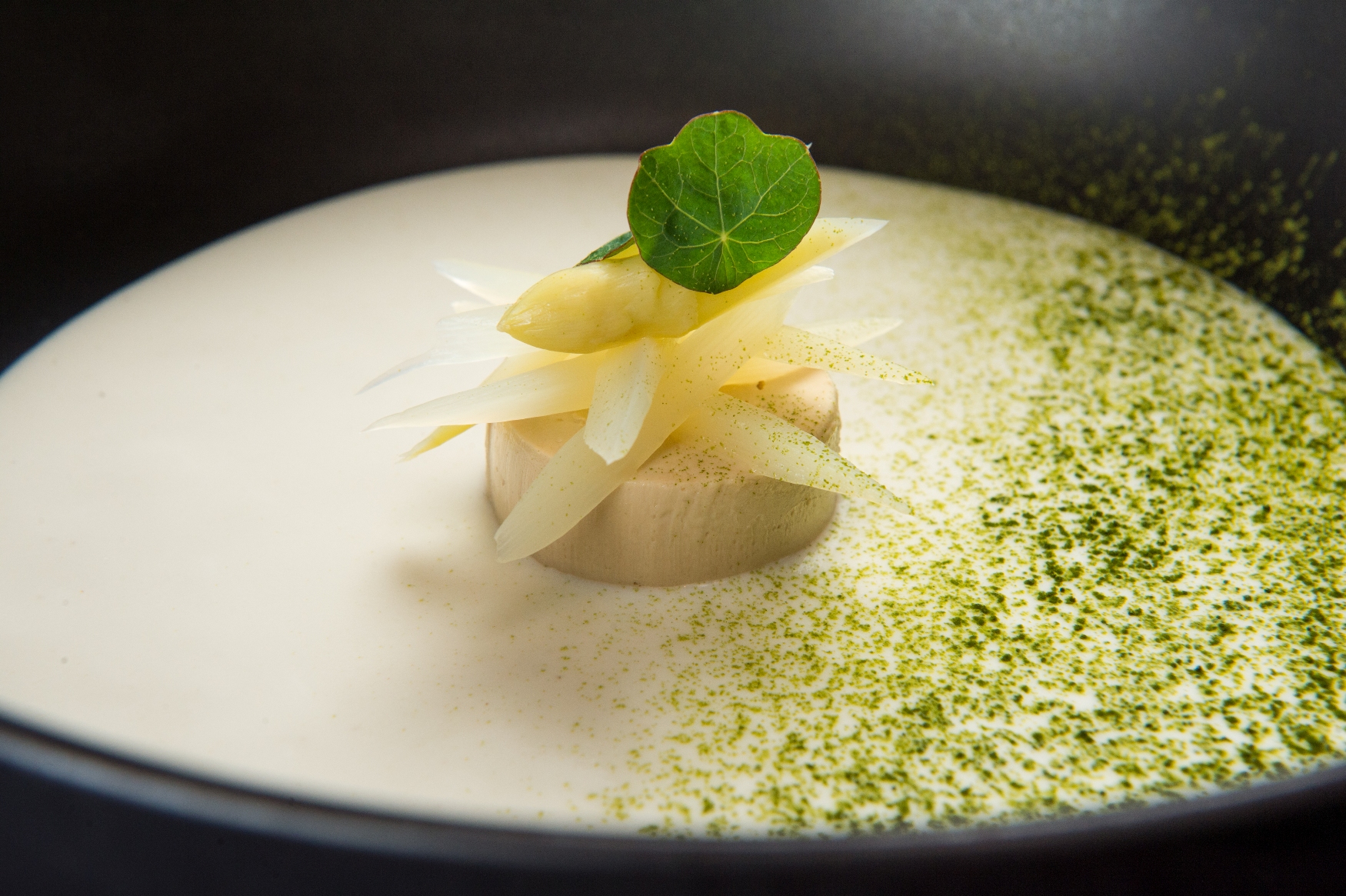 Elements_Soup of White Asparagus with Foie Gras Royale and Macha
