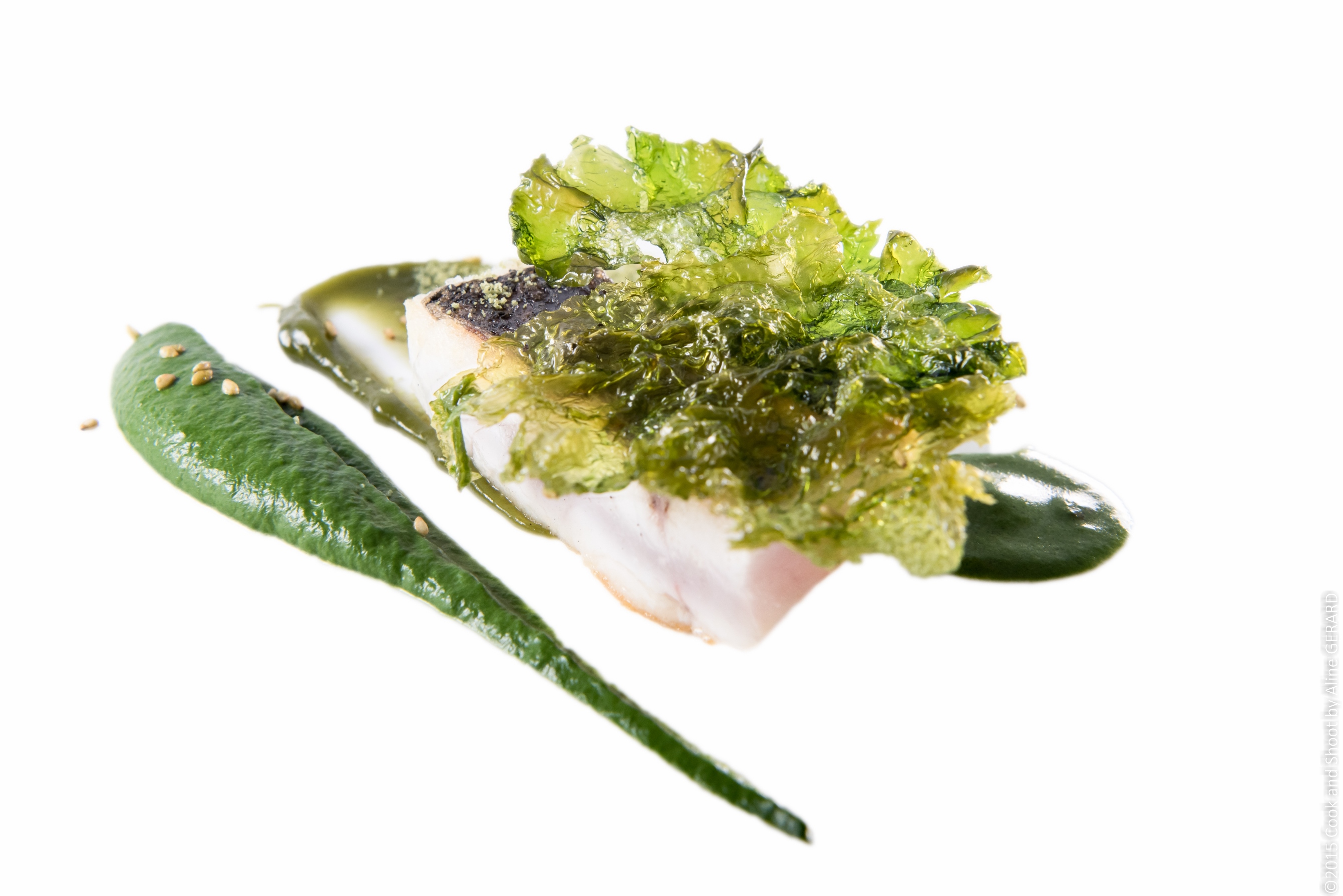 Cod fish, nori, spinach and pistachio