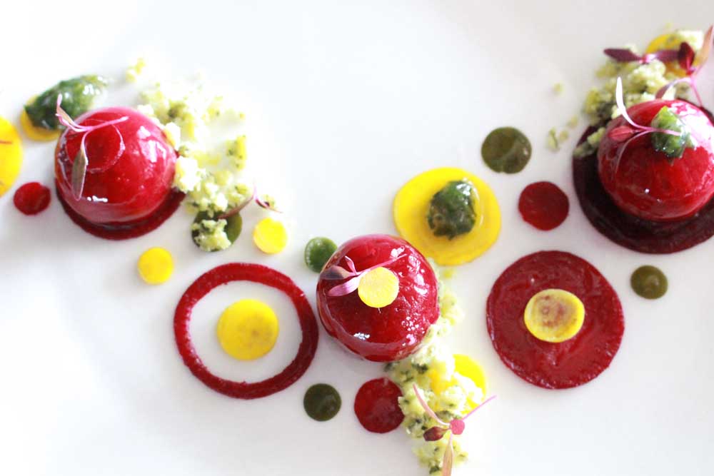 red-beetroot-sphere-with-yellow-beetroot-sea-lettuce-coulis-and-yuzu-gelee